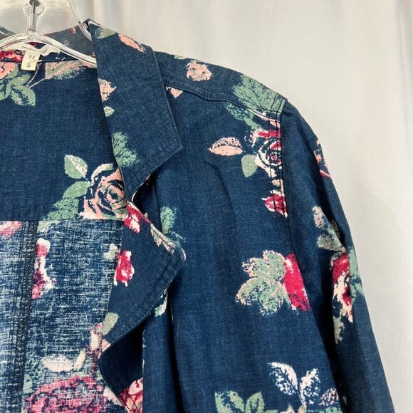 Maurices Lightweight Button Up Jacket Blue/Multi Floral 3/4 Roll Tab Sleeve S - Picture 3 of 9